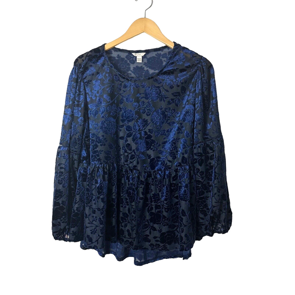 Boho Semi Sheer Burnout Top Womens 14/16W Blue Peplum Layered Fairy Elegant